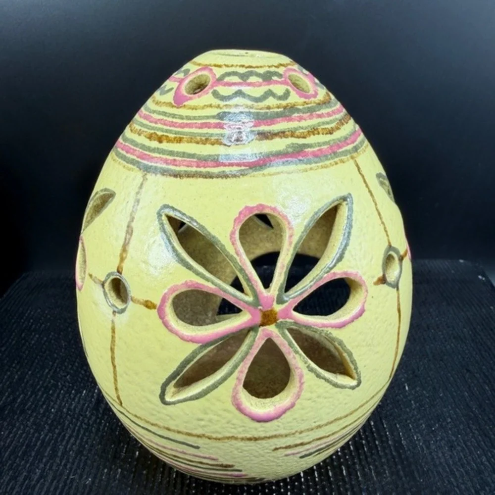 Hand Painted‎ Ceramic Candle Holder Floral Cutout Pottery Luminary Yellow Decor